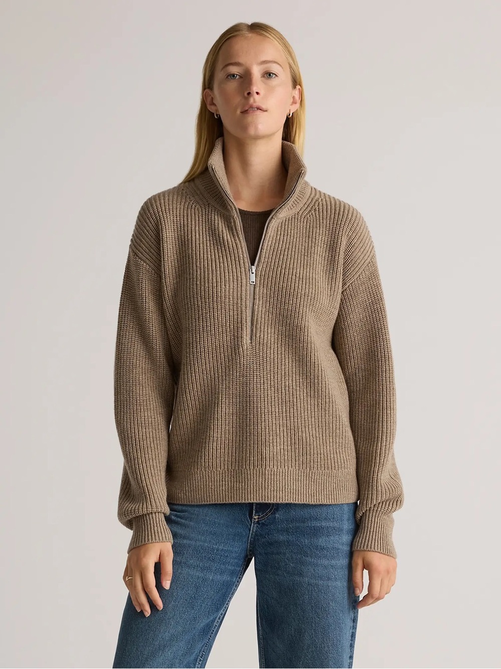 100% Merino Wool Quince Half-Zip Ribbed Sweater in Taupe